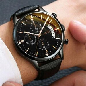 Fashion Sport Men&#039;s Stainless Steel Case Leather Band Quartz Analog Wrist Watch