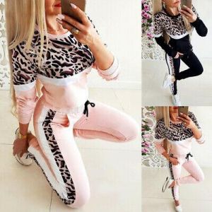 Women&#039;s Leopard Tracksuit Set Lounge Wear Ladies Top Shirt Pants Suit Loungewear