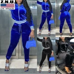 2PCS Womens Velvet Tracksuit Set Hooded Jacket + Elastic Waist Pants Lounge Wear