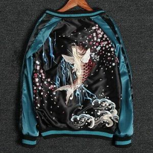 my souper תכשיטים ואבזרי ליבוש New Sukajan Souvenir Jacket Japanese Pattern Embroidery REVERSIBLE Carp Goldfish