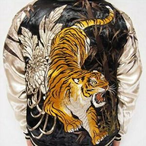 my souper תכשיטים ואבזרי ליבוש Mens Souvenir Jacket Japanese Pattern Embroidery Sukajan REVERSIBLE Tiger Bamboo