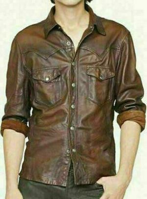 my souper תכשיטים ואבזרי ליבוש Men's Shirt Jacket Brown Real Soft Genuine Waxed Leather Shirt All Sizes