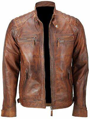 my souper תכשיטים ואבזרי ליבוש Cafe Racer Men Vintage Biker Distressed Quilted Brown Leather Jacket
